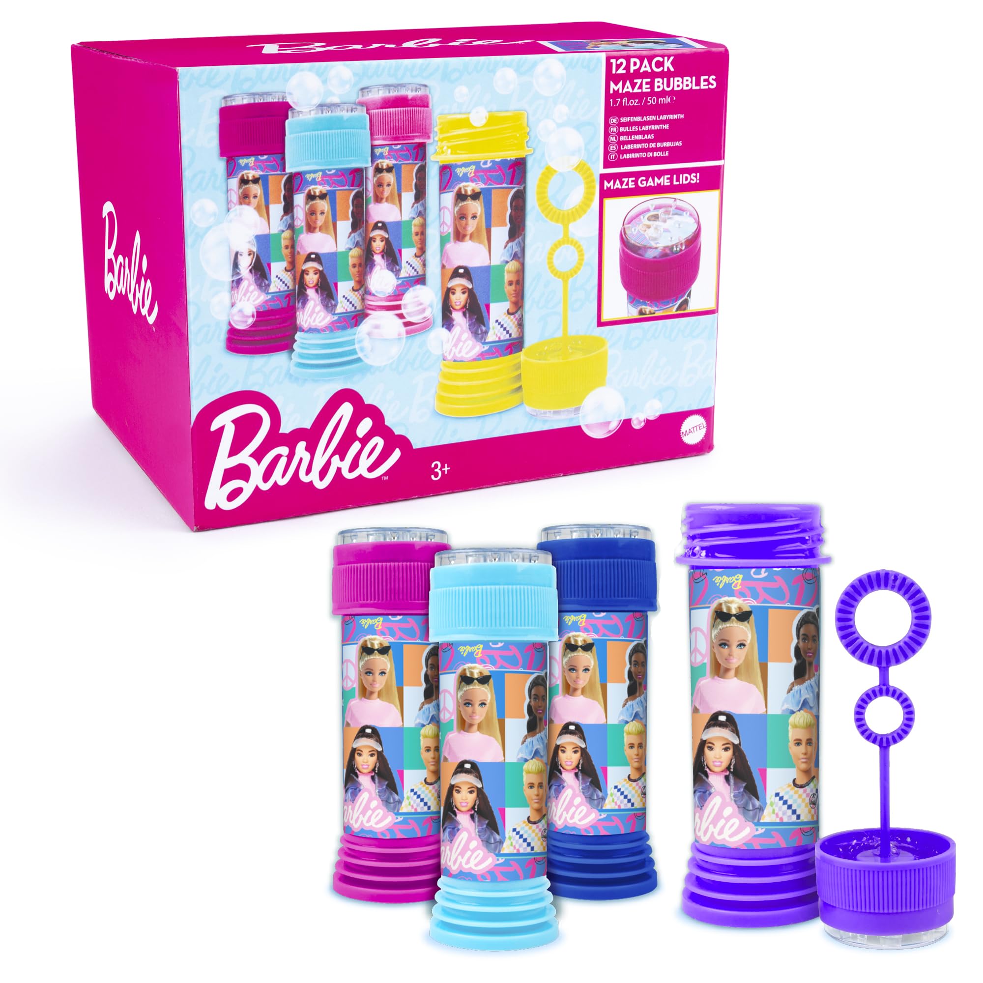 abeec Barbie Bubbles – 12 Pack Bubble Tubes With Wands – Barbie Party Bag Fillers – Interactive Maze Lid Game – Party favours & Sleepover Gifts For Kids