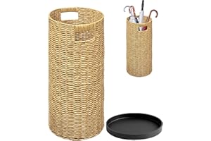 Verssure Rattan Umbrella Holder 20.8" H X 10" D,Handmade Wicker Umbrella Stand Indoor with Dip Tray,Sturdy Umbrella Holders for Entryway,Umbrella Bucket Fits Mudroom,Walking Canes,Home,Office (Oak)
