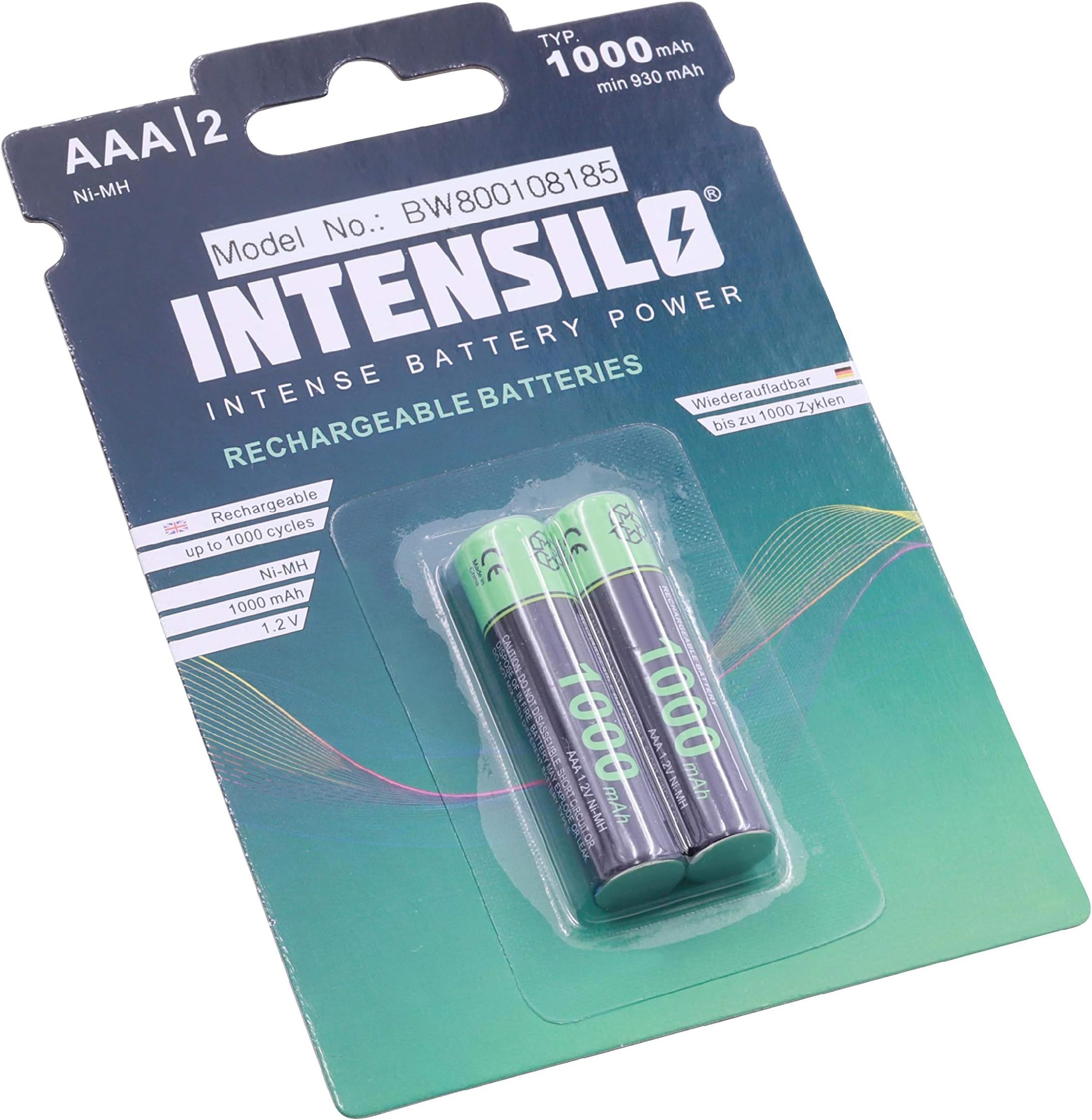 INTENSILO 2x Ni-MH 1000mAh (1.2V) rechargeable batteries for Medion Life P62004, MD82144, MD82449 replaces AAA, micro, R3, HR03.