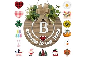 YUNKKIN Interchangeable Seasonal Monogram Letter B Welcome Sign Front Door Decor Wooden Wreaths for Front Door Wreath Rustic Initial House Warming Porch Wall Home Decorations for All Seasons