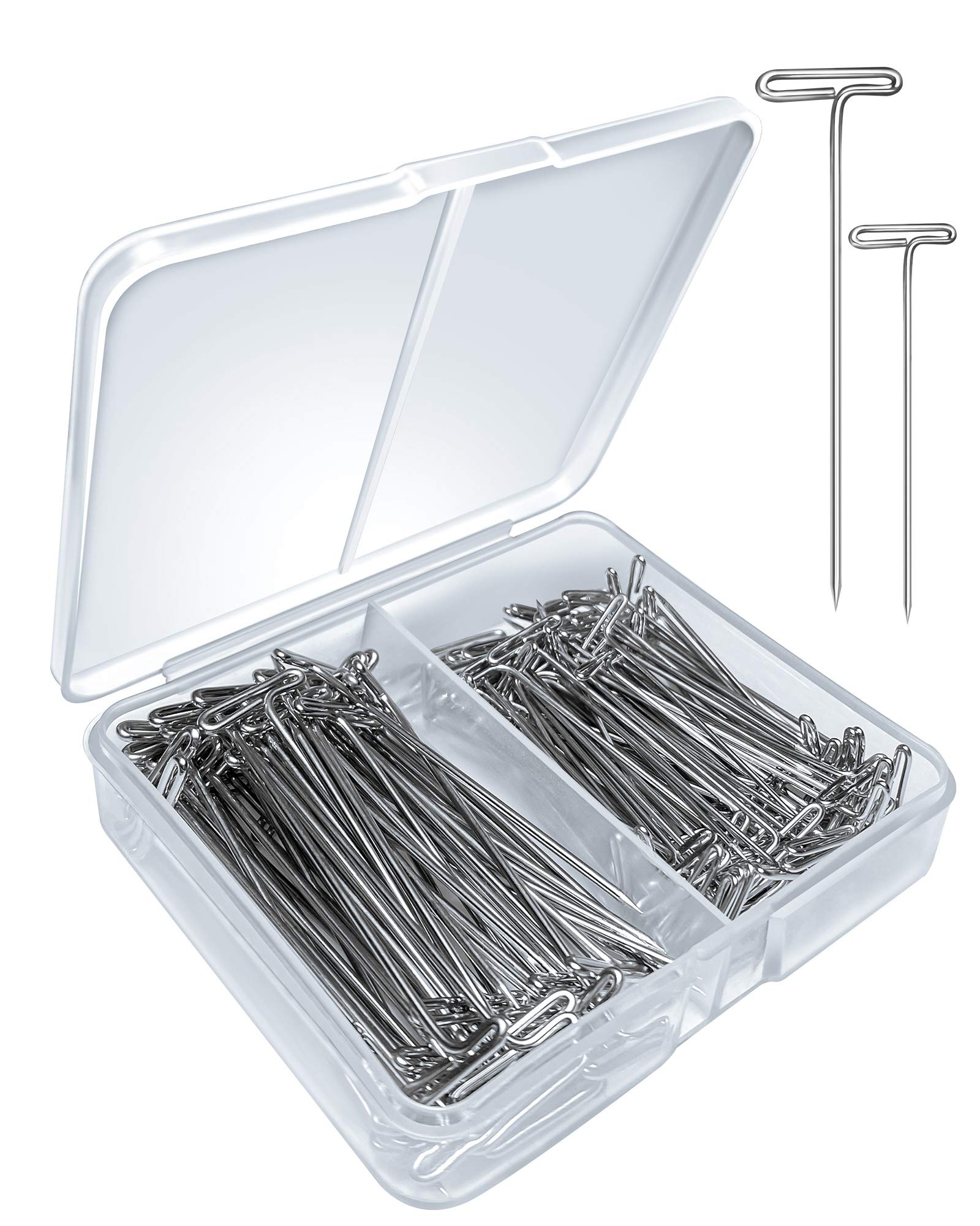 CIKKUE T Pins, 150 PCs T Shape Sewing Pins for Wigs and Crafts, Stainless Steel Push Pin Kit with Clear Box, Ideal for Knitting, Crocheting, Modelling and Office, 100 x 1-1/2 Inch and 50 x 2 Inch