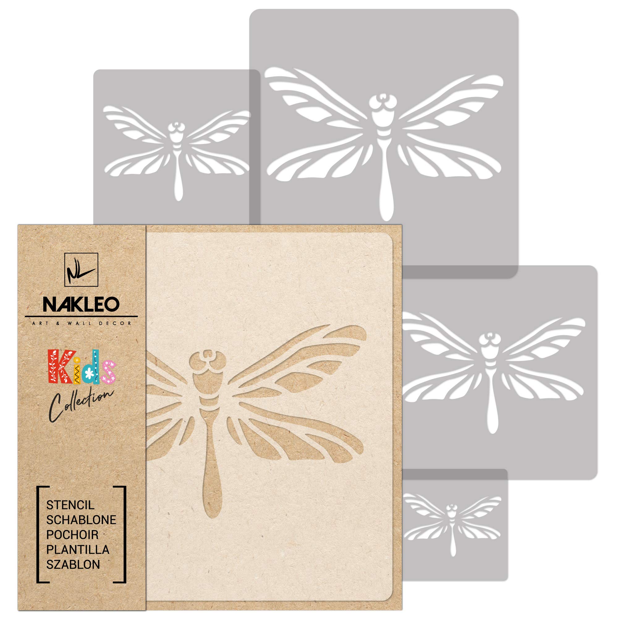 NAKLEO Painting Stencils Set for Nursery Room, 5 Pcs Templates 9x9 to 34x34cm Dragonfly Meadow Spring, Plastic and Reusable Drawing Stencils, Decor, Craft DIY Wall Furniture