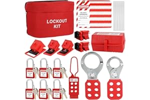 Fineera Lockout Tagout Kit 66PCS - Steel Hasps, Clamp-On and Universal Multipole Circuit Breaker Lockouts, Loto Tags, Plug Lockout, Loto Locks Set (6Pcs and 2 Keys Per Lock) with Safety Carrying Bag