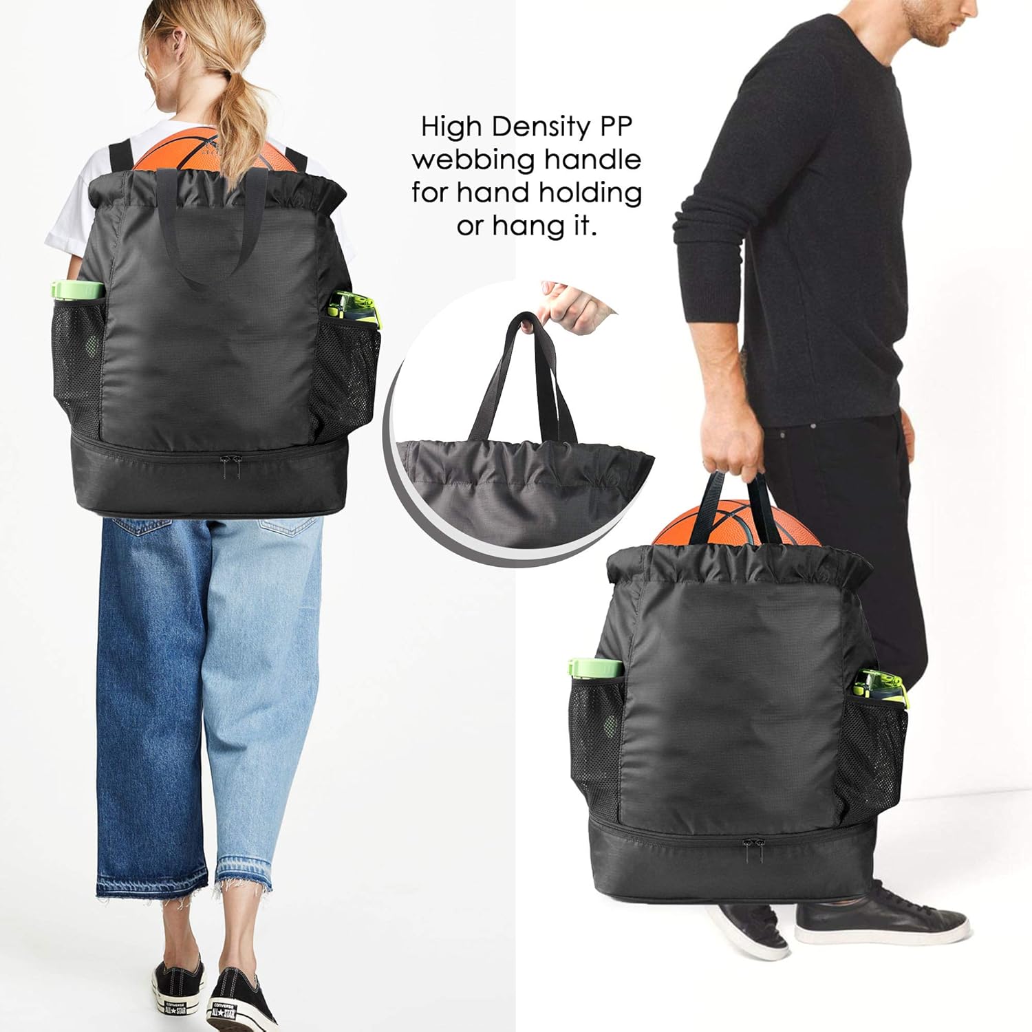 BeeGreen X-Large Dry Wet Basketball Drawstring Backpack with Ball Shoe Compartment, Youth Soccer Bag with 2 Mesh Water Bottle Pocket, Heavy Duty for Sport Workout Gym Swim Beach: Clothing