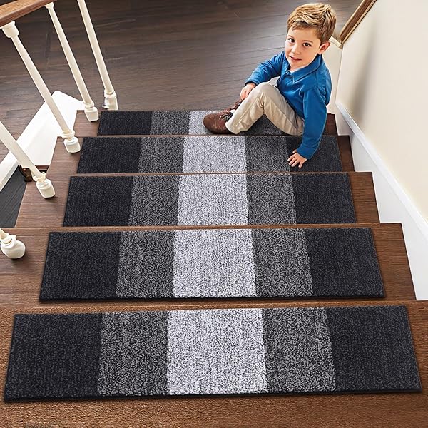 OLANLY STAIR TREADS NON SLIP 4PCS, 8″ X 30″ INDOOR STAIR RUNNERS FOR WOODEN STEPS, EDGING STAIR RUGS WITH REUSABLE PEEL AND STICK ADHESIVE FOR KIDS ELDERS AND PETS, BLACK