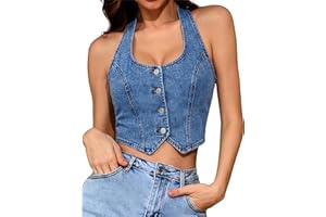 ELLEVEN Women's Denim Halter Top Jean Vest - Square Neck Button Front Slim Fit Crop Vest Western Summer Outfit