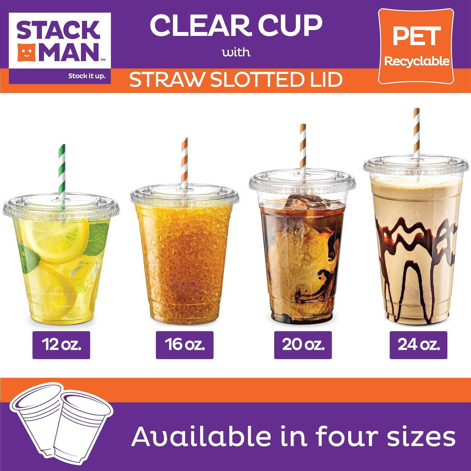 Stack Man [100 Sets - 16 oz.] Clear Plastic Cups with Straw Slot Lid, PET Crystal Clear Disposable 16oz Plastic Cups with lids: Kitchen & Dining