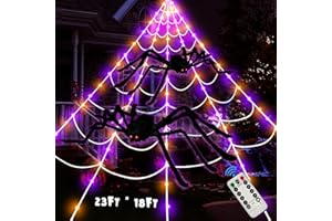 Kenburg 23Ft Giant Spider Web Halloween Decorations Outdoor Lights,180 Orange and Purple LED Light Up Giant Spider Web 60" & 36" Large Spider,8 Modes Lighted Decor for Outdoor Halloween Decorations