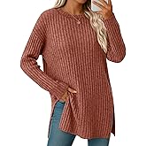 Velvelhall Oversized Sweaters for Women Lightweight Long Sleeve Crew Neck Ribbed Side Slit Loose Fall Top Pullover