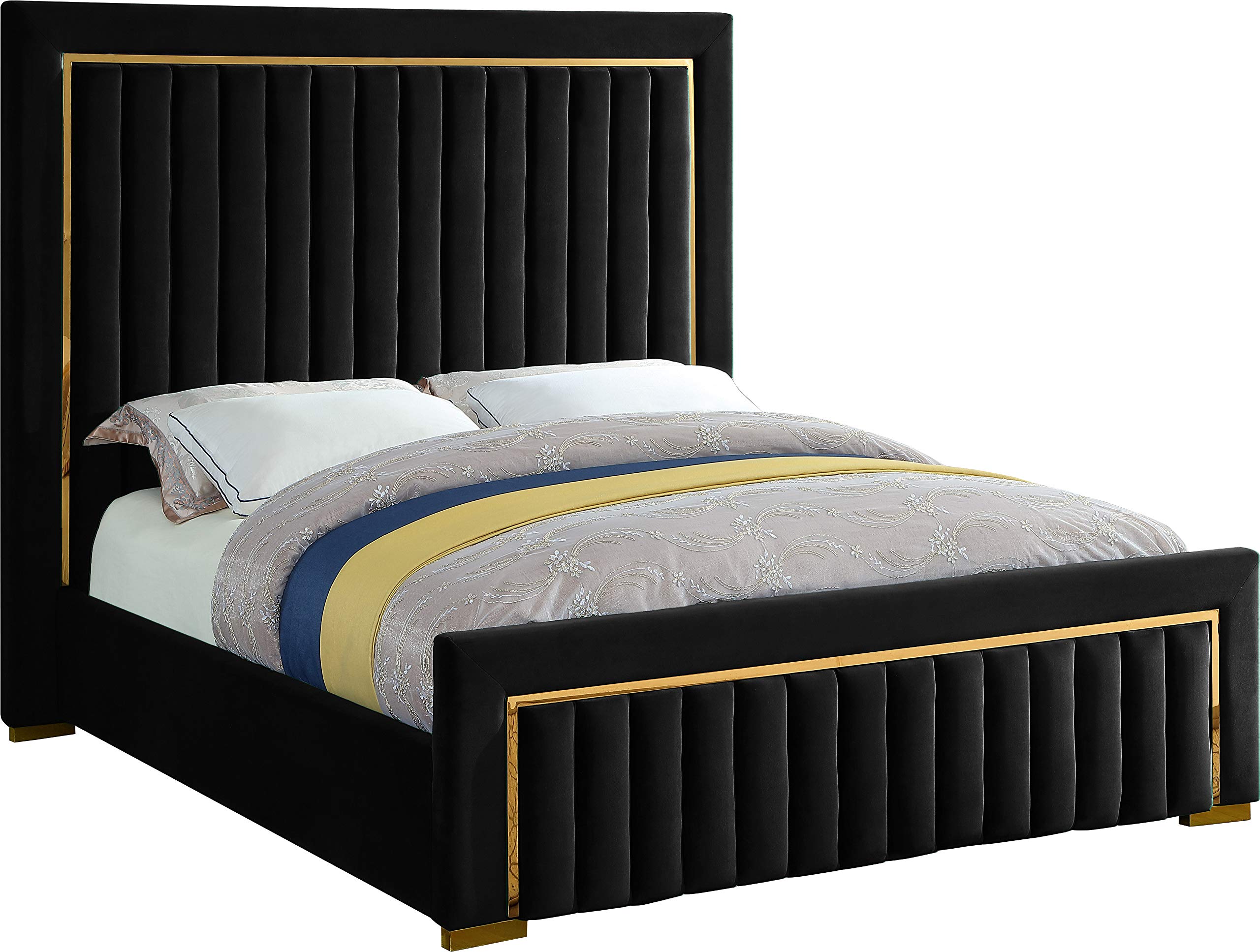 Photo 1 of **** PARTIAL SET, BOX 2/3 ONLY *** Meridian Furniture Dolce Collection Modern | Contemporary Velvet Upholstered Bed with Luxurious Channel Tufting and Gold Metal Trim/Legs, King, Black