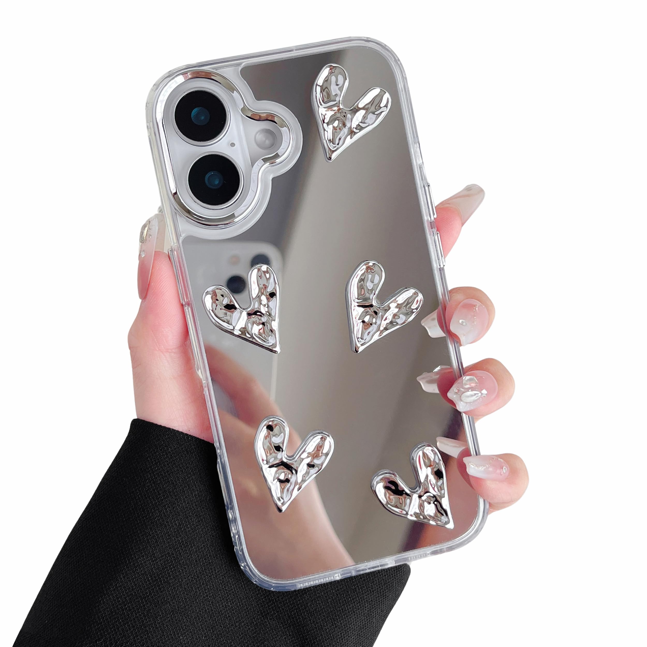 ZTOFERA Case for iPhone 16, Cute Silver 3D Love Heart Clear Makeup Mirror Case, Flexible Shockproof Anti-Scratch Protective Cover for iPhone 16 6.1"- 5 Hearts