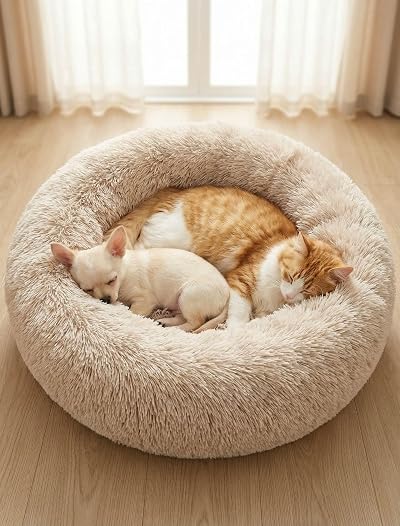 OKPOW Donut Dog Bed Calming Plush Round Small Pet Cushion 50cm