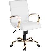 Flash Furniture Whitney Mid-Back Swivel LeatherSoft Desk Chair with Padded Seat and Armrests, Adjustable Height Padded Office Chair, White/Gold