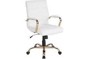 Flash Furniture Whitney Mid-Back Swivel LeatherSoft Desk Chair with Padded Seat and Armrests, Adjustable Height Padded Office Chair, White/Gold