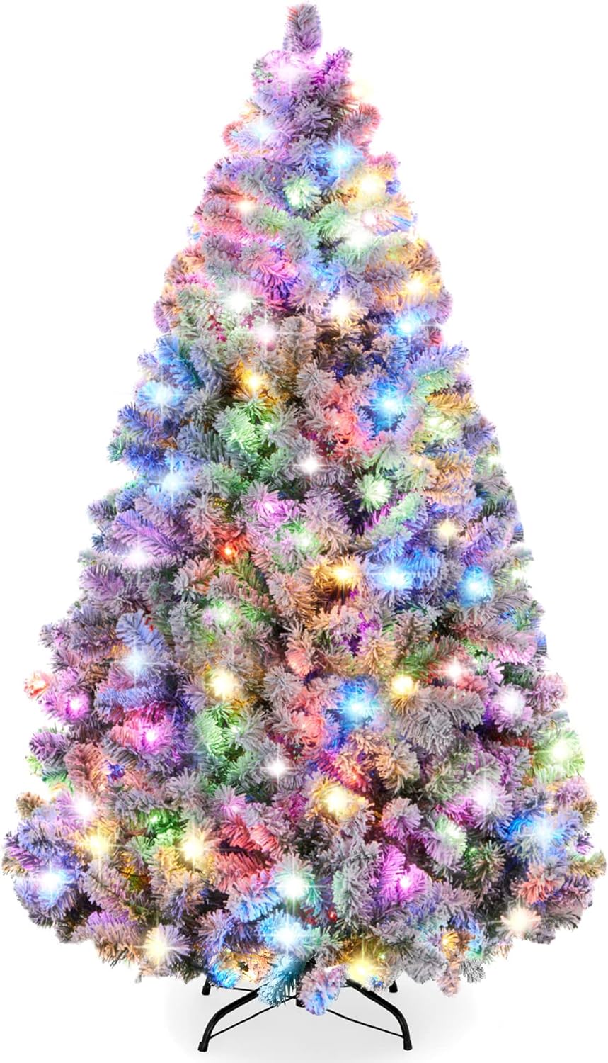 Trees - Best Choice Products 6ft Pre-Lit Christmas Tree Artificial Snow Flocked Pine Tree for Home, Office, Party Decoration w/ 250 Warm-White & Multicolored Lights, 9 Light Sequences, Metal Base & Hinges