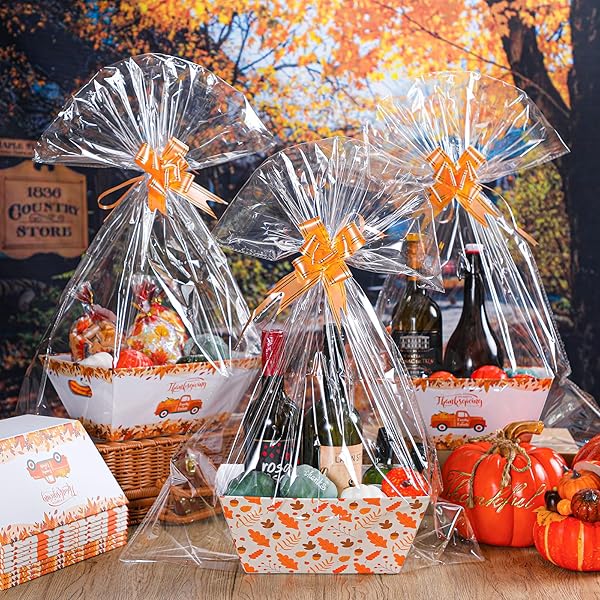 YEAQEE 12 SET 10″ X 8″ X 4.5″ THANKSGIVING GIFT BASKETS BULK 12 EMPTY BASKETS WITH 15 PULL BOWS 15 BAGS PUMPKIN FALL LEAVE BASKET AUTUMN HARVEST THEMED GIFT BOX FOR FALL AUTUMN PARTY FAVORS