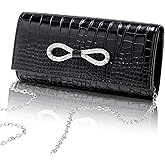 Larcenciel Black Patent Crocodile Evening Clutch Purses for Women with Rhinestone Bow & Chain for Wedding Prom Cocktail Party