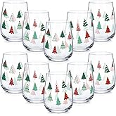 Maxcheck 10 Pcs Christmas Winter Wine Glass Cup, 17 oz Stemless Glasses with Christmas Design Birthday Gift for Friends Family Coworkers Winter Wedding Present Holiday Party Gift(Red Green,Tree)
