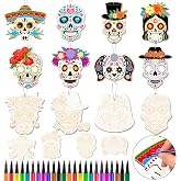 HOWAF 24PCS Day of The Dead Wooden Craft Kit Color Your Own Skull Ornaments, Dia De Los Muertos Coloring Skeleton Hanging Ornaments with Pens for Mexican Halloween Party Favors Activity