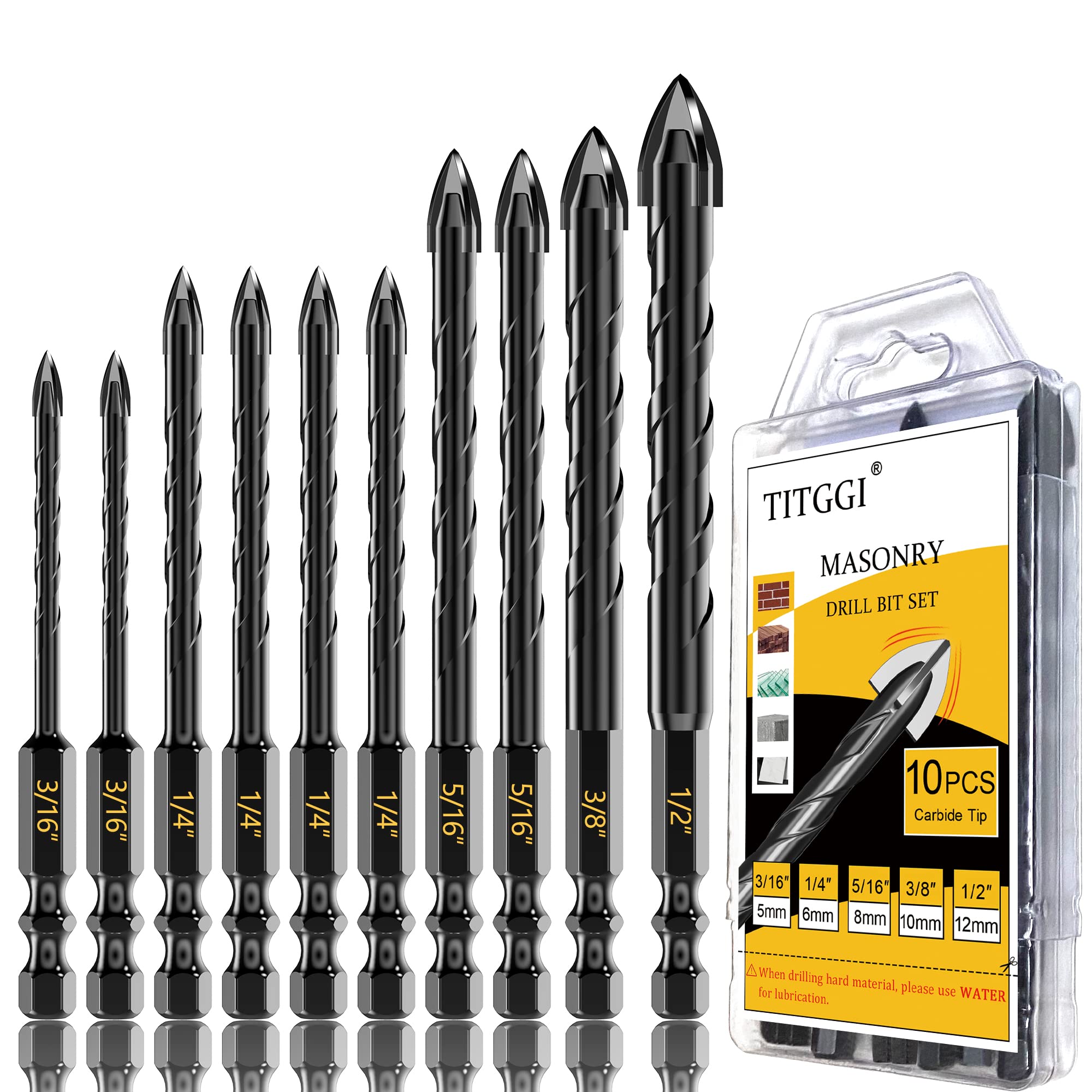 Masonry Drill Bit Set - Cement Drill Bit, Professional Concrete Drill Bit Set (10PCS) for Glass/Brick/Cement/Tile/Etc, Industrial Strength Carbide Cross Drill Bit Tip, 3/16