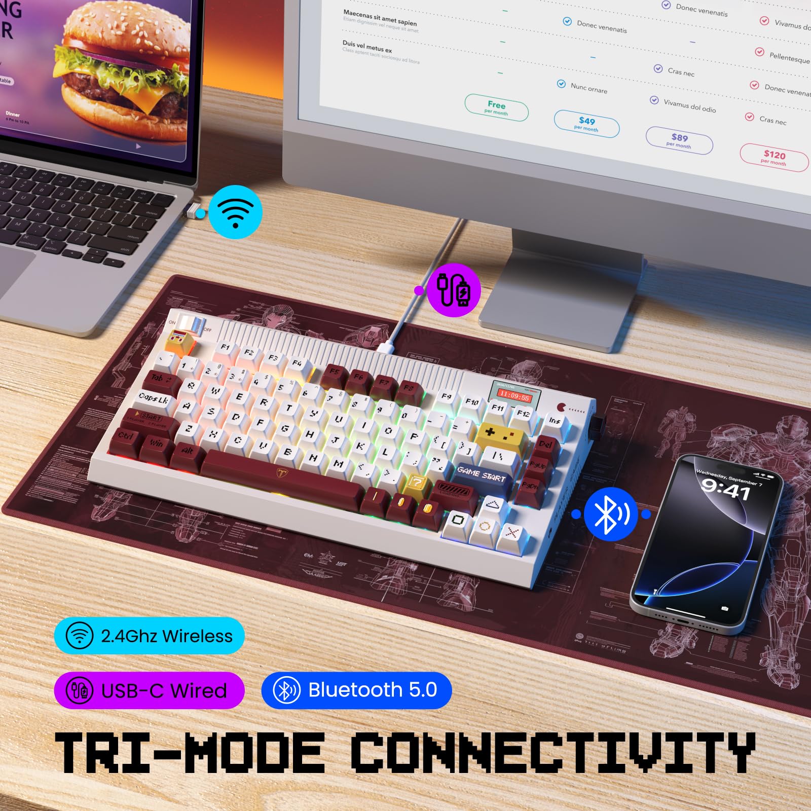 RisoPhy PC423 Wireless Creamy Keyboard with Screen & Knob, 75% 2.4G/Bluetooth/USB-C Gasket RGB Mechanical Keyboard, Hot Swappable, Five-Layer Padding & Pre-lubed Linear Switch, Retro Red and White