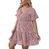 Floerns Women's Plus Size Wrap V Neck Short Sleeve Ruffle Hem A Line Short Dress