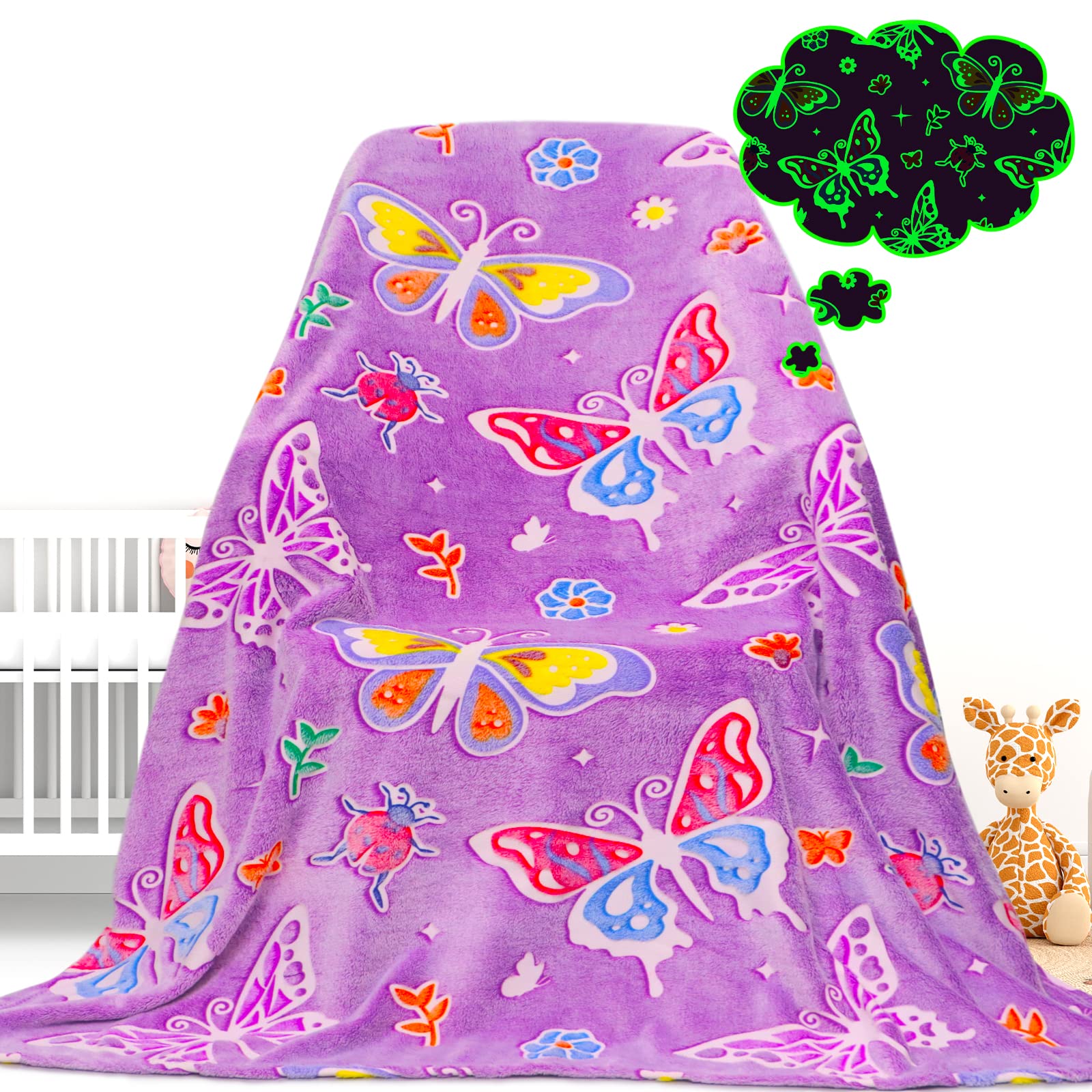 Butterfly Blanket Glow in The Dark Blanket Gifts for Girls, Toys for 1 2 3 4 5 6 7 8 9 10 Year Old Girls Birthday Gifts Butterfly Gifts for Adults Kids,Soft Warm Kids Throw Blanket 80"x60" Image