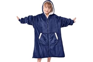 JOYWOO Kids Wearable Blanket Hoodie, Oversized Sherpa Hooded Blanket Birthday Christmas Gifts for Girl Boy, Cozy Sweatshirt Blankets with Giant Pocket and Zipper, Navy Blue