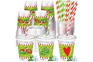 Jingmore 50 Pcs Red and Green Christmas Party Disposable Plastic Cups 12 oz with Lids Straws Themed Party Supplies Plastic Tumbler for Girl Boy Baby Shower Table Decorations Favors (Red and Green)