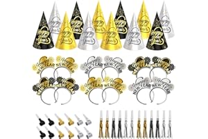DECORLIFE DECOLIFE 48PCS New Years Eve Party Supplies 2024 Serves 24, Tiara Headbands, Cone Hats, Noise Makers Included, Happy New Year Decorations for Kids, Adults
