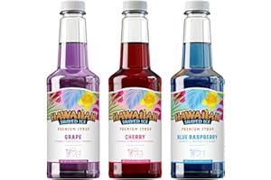 Hawaiian Shaved Ice Syrup Assortment, 3 - 16oz Bottles Of The Most Popular Flavors: Cherry, Grape, Blue Raspberry. Perfect For Shaved ice, Snow Cones, Sodas, Ice Pops, and Slushies. Allergy-friendly