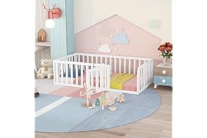 LostCat Twin Size Wood Floor Bed Frame with Fence, Montessori Floor Bed w/Door, Kids Noise Free Beds, No Box Spring Needed, Easy Assembly, for Children, Toddlers, White