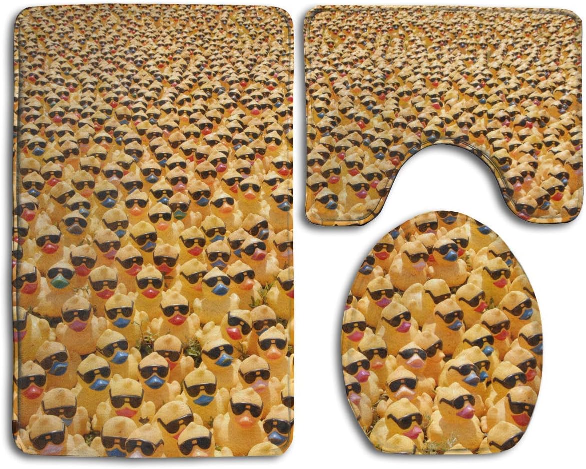 NEWcoco Non-Slip Bath mat Set 3 Piece Set Bathroom mat Set Including Bathroom mat Silhouette Carpet Cover Pure Natural Cute Rubber Ducky with Sunglasses