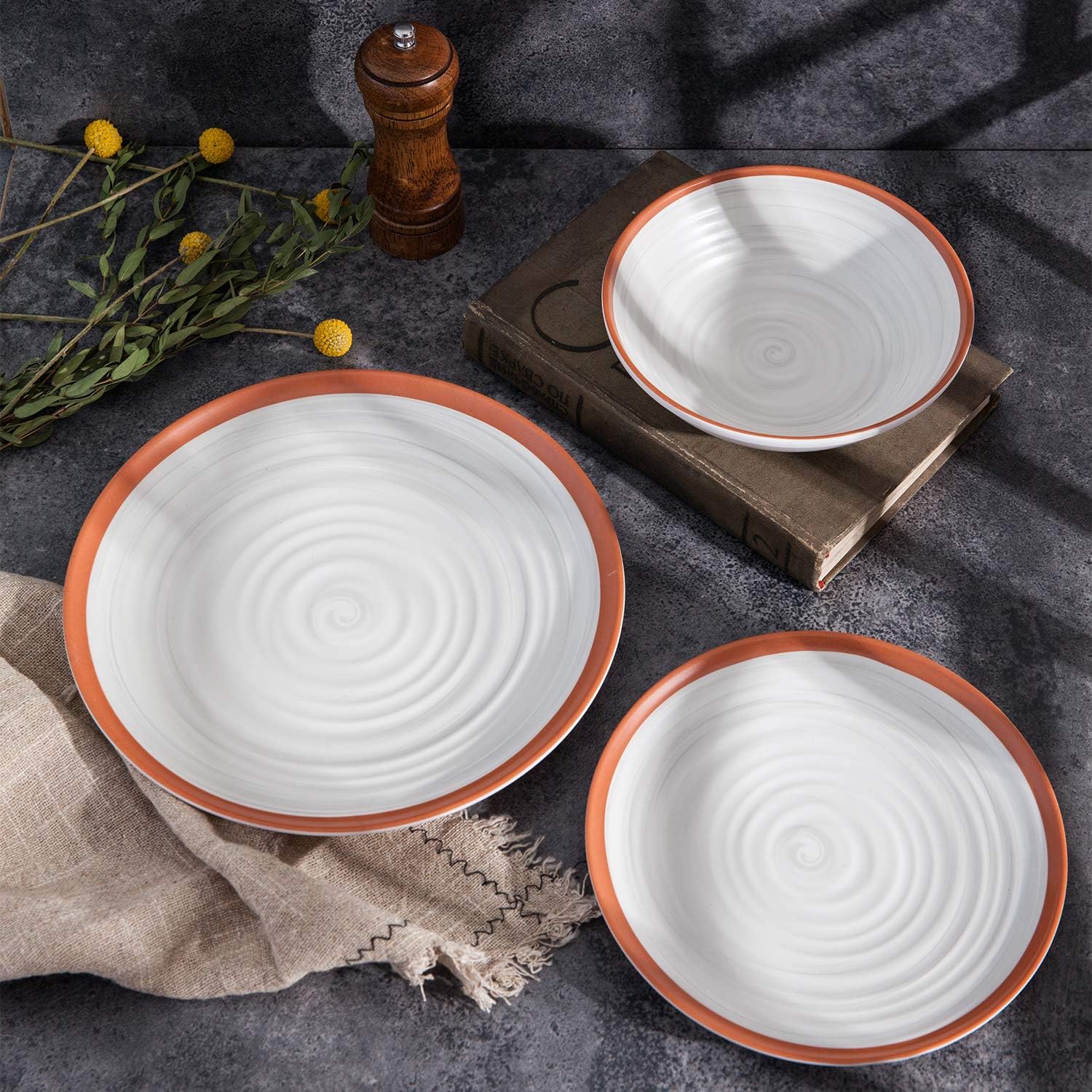  | Melamine Dinnerware Set 12 PCS Rustic Beige Durable Plates Bowls Unbreakable Dishwasher Safe Not Microware Not Oven: Dinnerware Sets