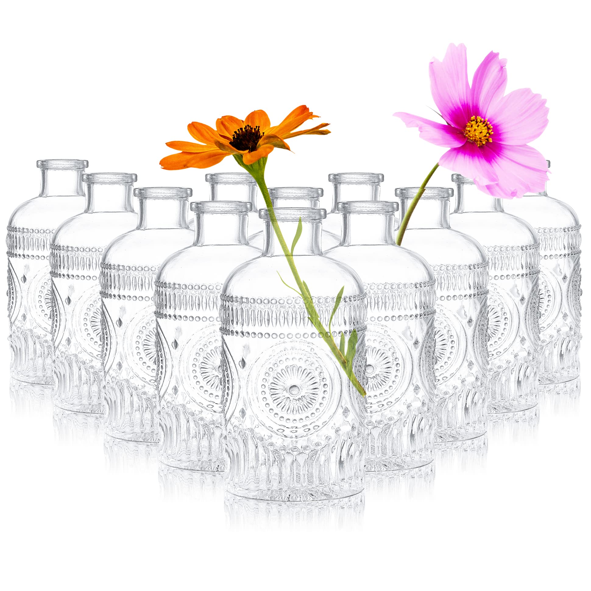 Photo 1 of Kingrol 12 Pack Clear Glass Bud Vases, Small Vases for Flowers, Vintage Glass Bottles for Home Office Decor, Centerpieces for Wedding Table