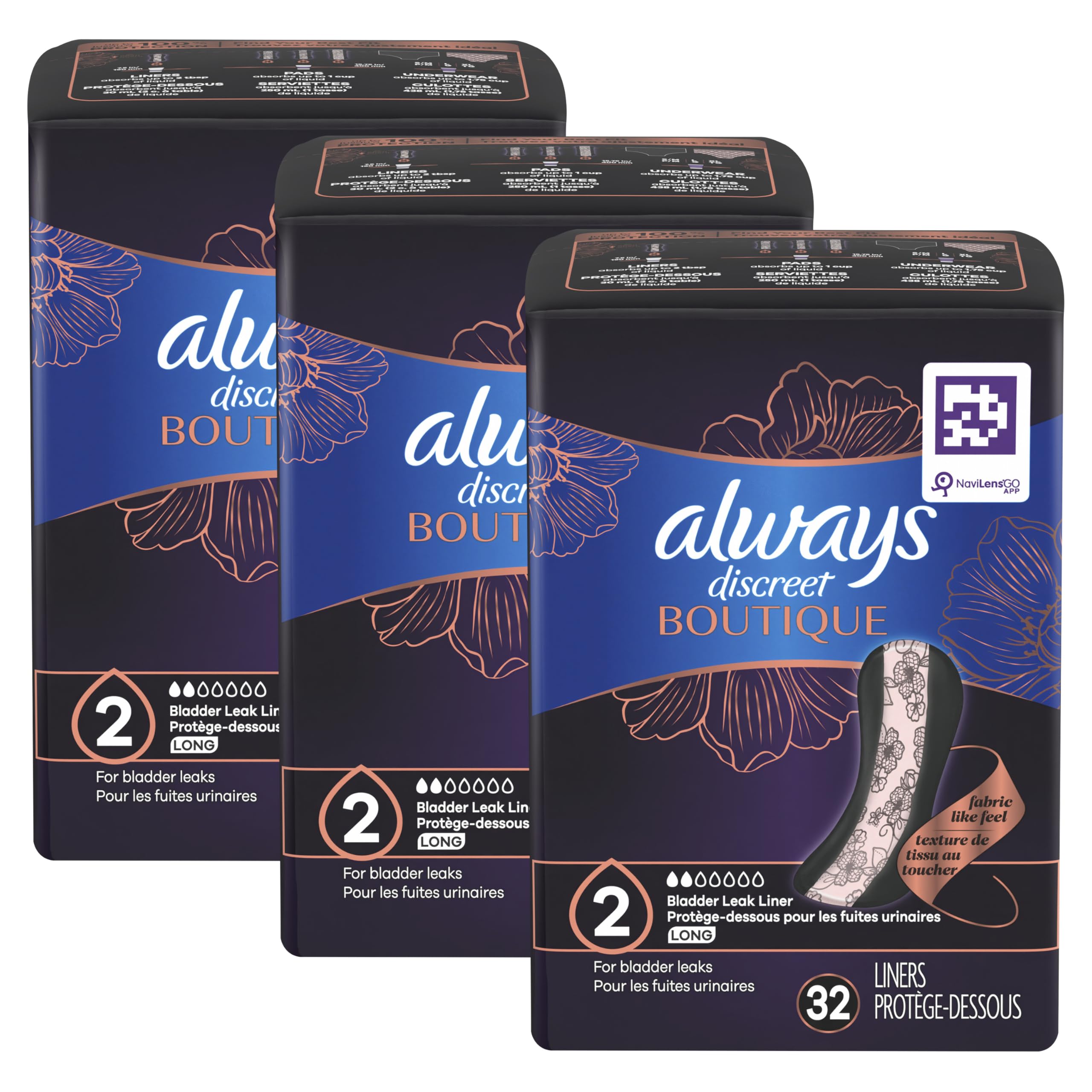 Always Discreet Boutique Incontinence Panty Liners for Bladder Leaks, Size 2, Very Light Absorbency, Long Length, 96 Count (3 Packs of 32)