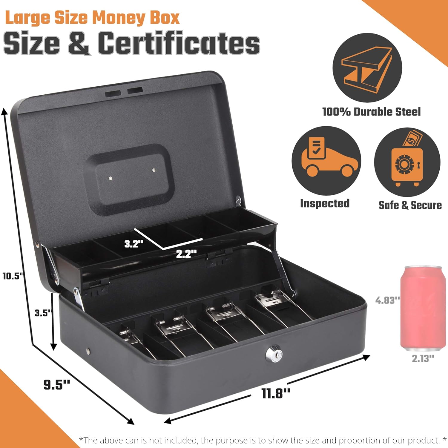 Secure Locking Cash Lock Box for Bills Cash Box with Money Tray and