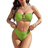Blooming Jelly Womens Bandeau Bikini Sets Sexy Strapless Two Piece Swimsuit Cheeky High Cut Cute Textured Ladies Bathing Suit