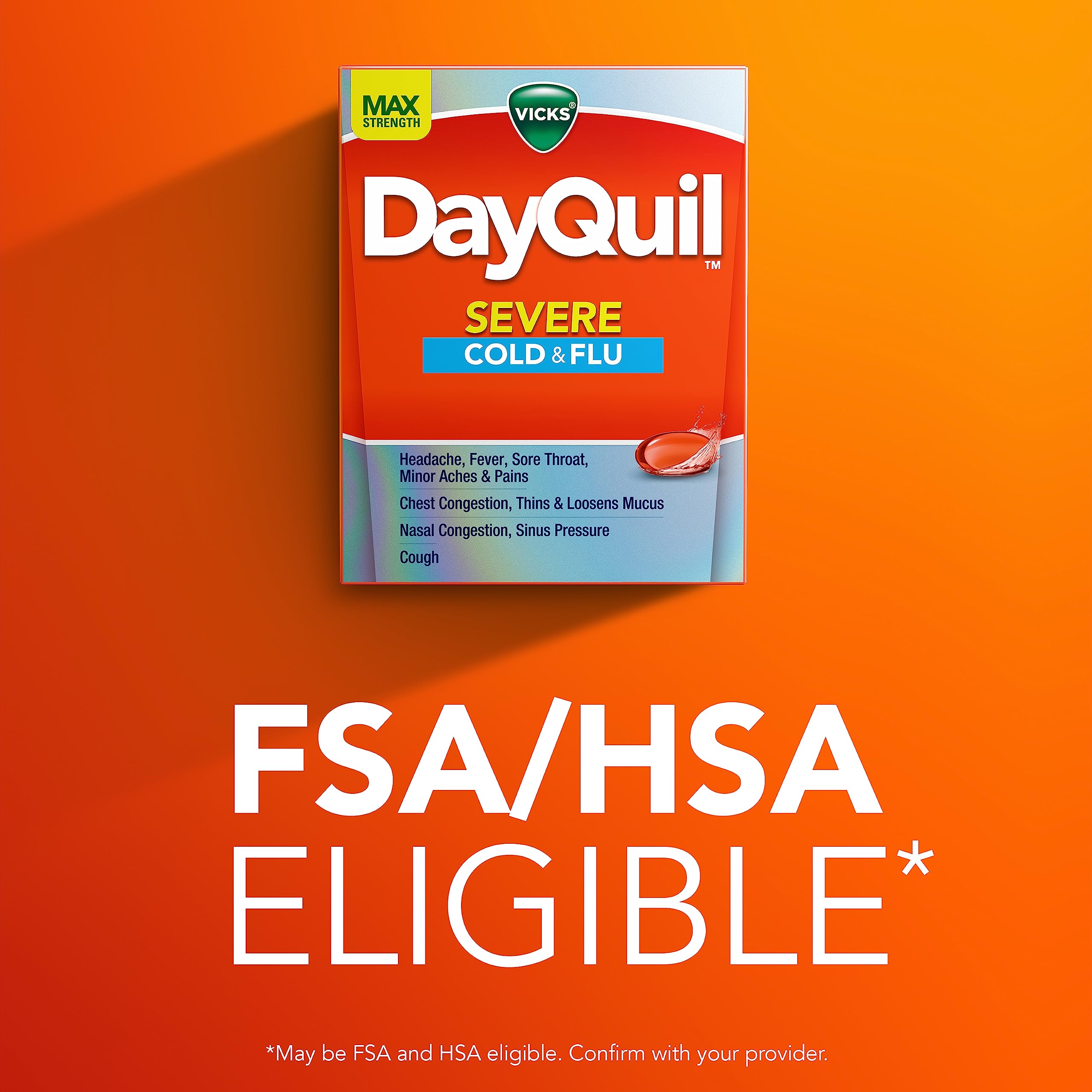 Vicks DayQuil Severe Cold, Flu & Congestion Medicine, Liquicaps, Maximum Strength Orange, 24 Count