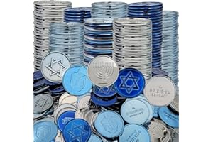 The Dreidel Company 50 Hanukkah Play Gelt Coins Blue and Silver Mettalic Menorah Dreidel and Star of David Designs