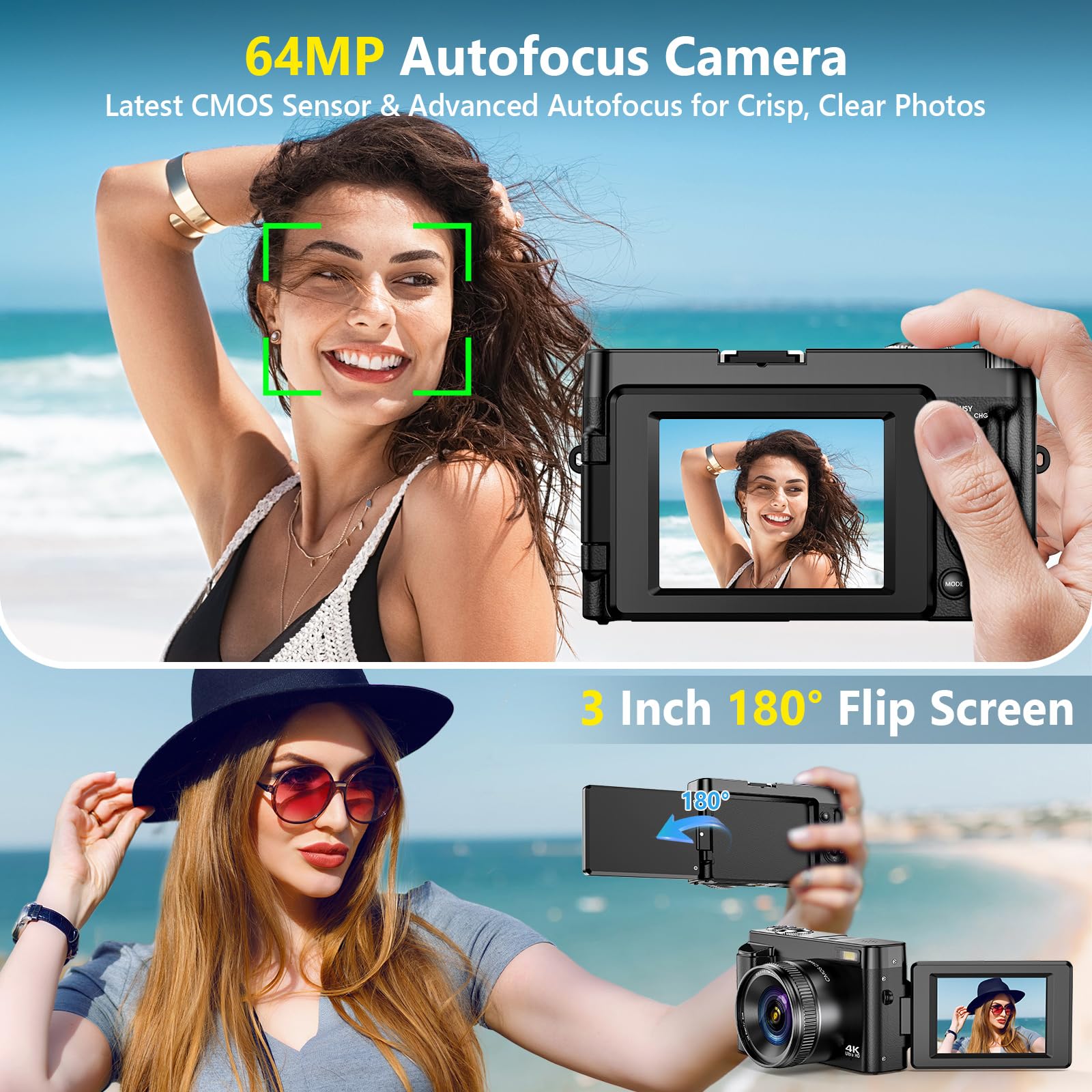 4K Digital Camera for Photography Autofocus, Upgraded 64MP WiFi Vlogging Camera for YouTube with 3