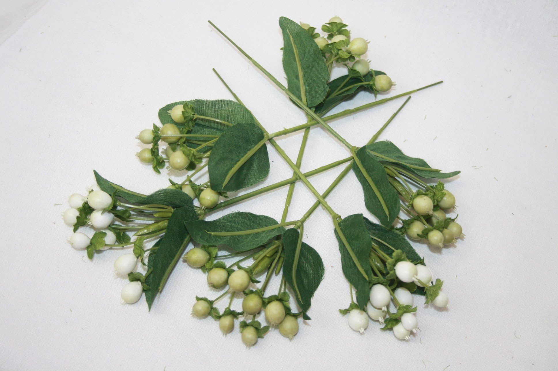 16cm Artificial Hypericum Berries - Green & White x 6 Sprays