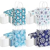 Resholder 200 Pcs Christmas Kraft Paper Gift Bags Bulk Holiday Xmas Snowflake Treat Reusable Bags with Handles for Presents Party Favor Supplies Decor