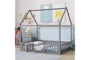 Aoowow Full Size Floor Bed Full House Bed Frame with Door and Fence, Wooden Montessori Floor Bed Kids Playhouse for Boys Girls for Bedroom,Full-Grey