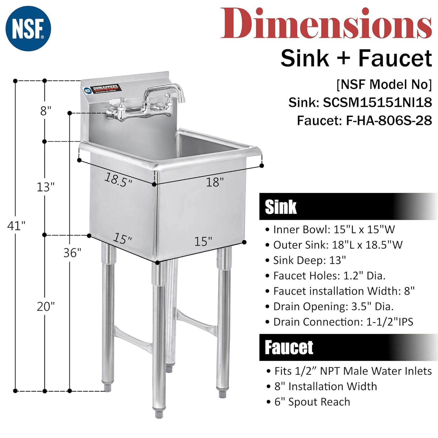 Stainless Steel Prep & Utility Sink - DuraSteel 1 Compartment Commercial Kitchen Sink - NSF Certified - Single 15" x 15" Inner Tub with No Lead Faucet (Restaurant, Kitchen, Laundry, Garage): Industrial & Scientific