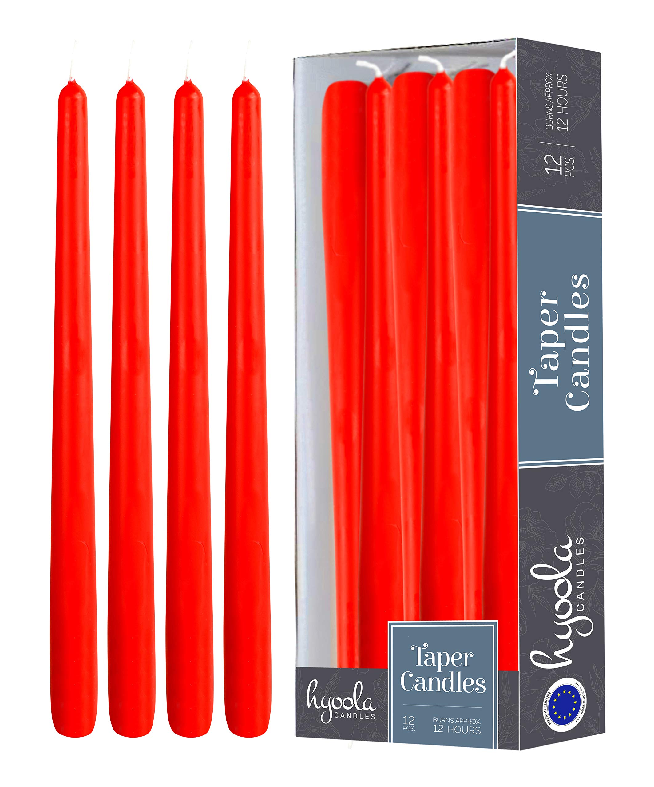 Hyoola Red Taper Candles - 350 mm (14 Inch) Unscented Dripless Taper Candles - 12 Hour Burn Time - 12 Pack