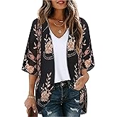 Women's Floral Print Puff Sleeve Kimono Cardigan Loose Cover Up Casual Blouse Tops