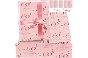 60th Birthday Wrapping Paper Set and Ribbon Tag,Luxury Gift Wrap Birthday Paper for Women Female Ladies,Recyclable Eco Gift W
