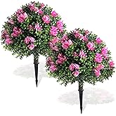 Yunlly Set of 2 Artificial Bougainvillea Flowers Boxwood Topiary Ball Tree 18 Inch Faux Bush Outdoor Plants with Ground Spike, UV Resistant Fake Shrubs for Garden, Yard, Porch, Patio Decor(Pink)