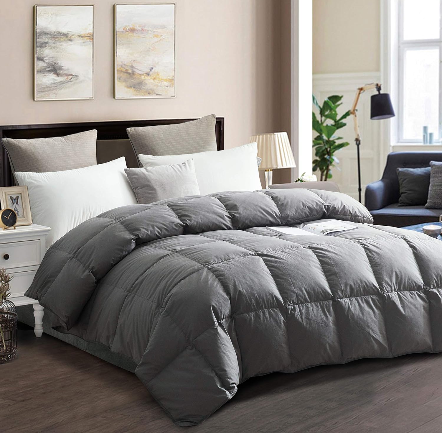 drtoor Luxurious Down Comforter, All Seasons Queen Duvet Insert, 100% Hypoallergenic Cotton Cover, 750+ Fill Power, 42oz Fill Weight – Grey, Queen Size